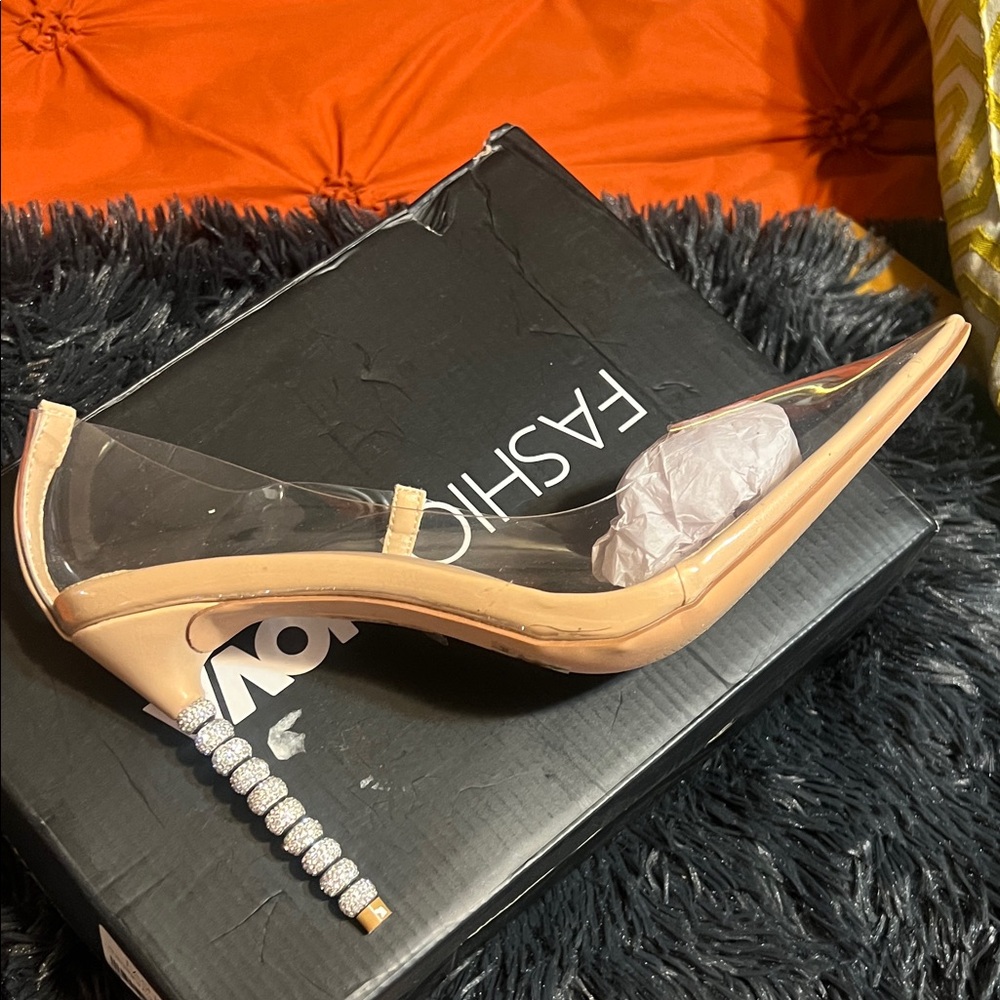 Fashion Nova Clear and Nude Heels with Rhinestone Stiletto